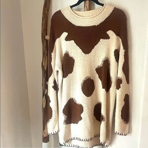 Saks Fifth Avenue Vintage Hand Knit Brown Cream Cow Print Roll Neck Sweater Larg